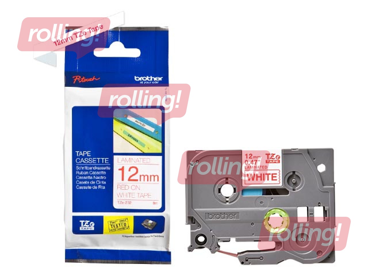 Brother TZe-232 - Red printing on White Tape, Laminated, 12mm width, 8m length