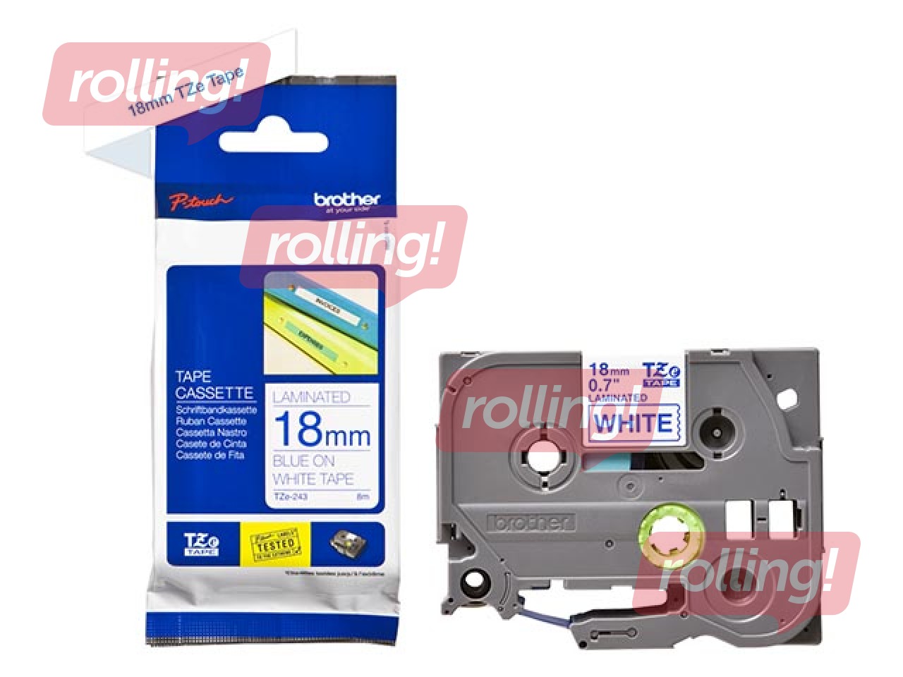 Brother TZe-243 - Blue printing on White Tape, laminated, 18mm width, 8m length