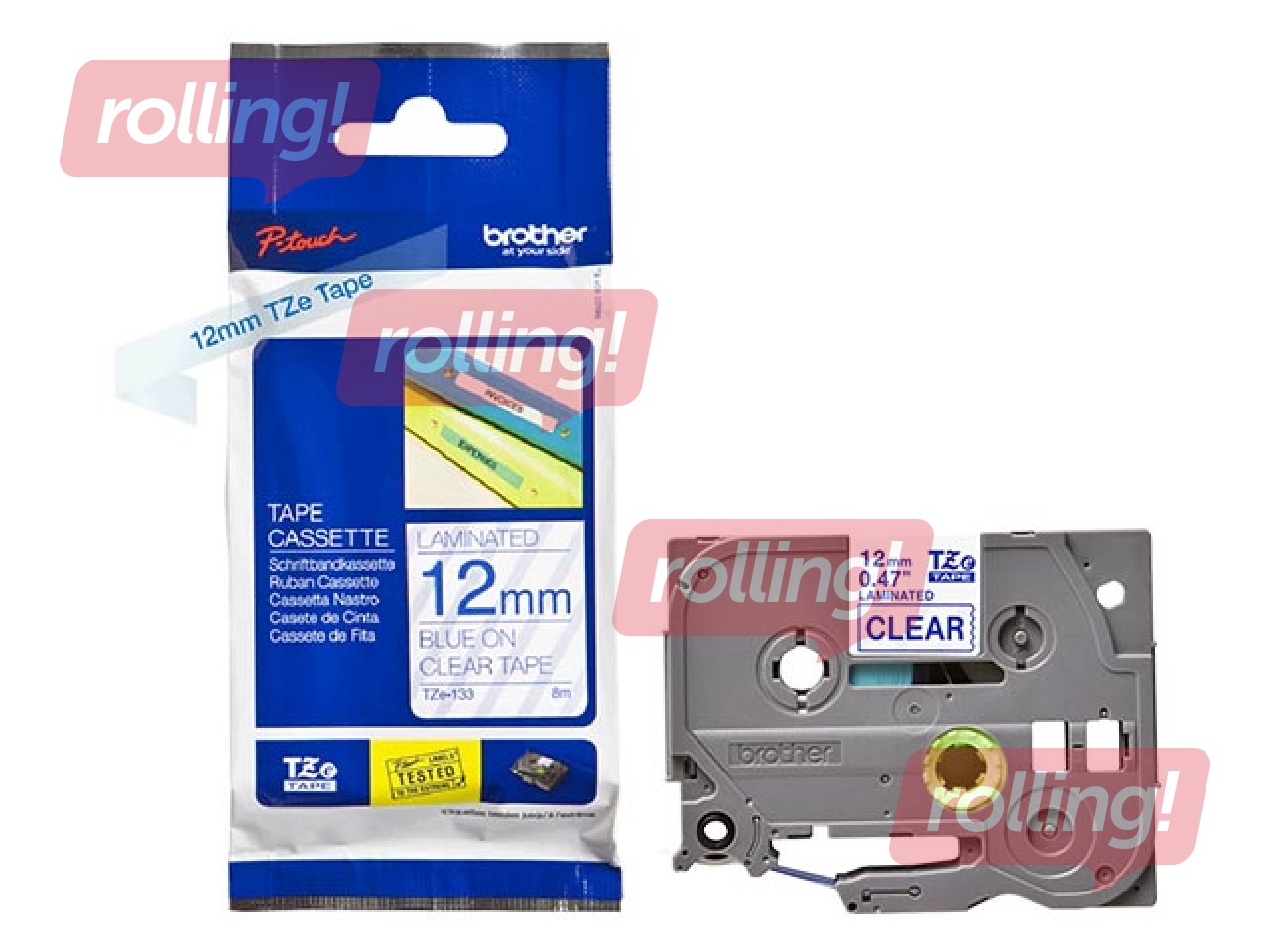 Lente Brother TZe-133, Zils uz caurspīdīga, 12mm, 8 m, laminēta