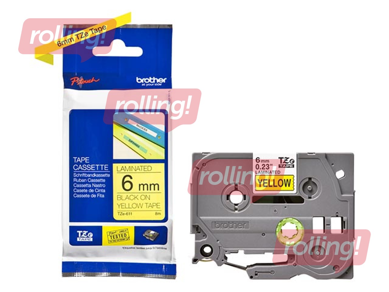 Lente Brother TZe-611, Melns uz dzeltena,6mm, 8 m, laminēta