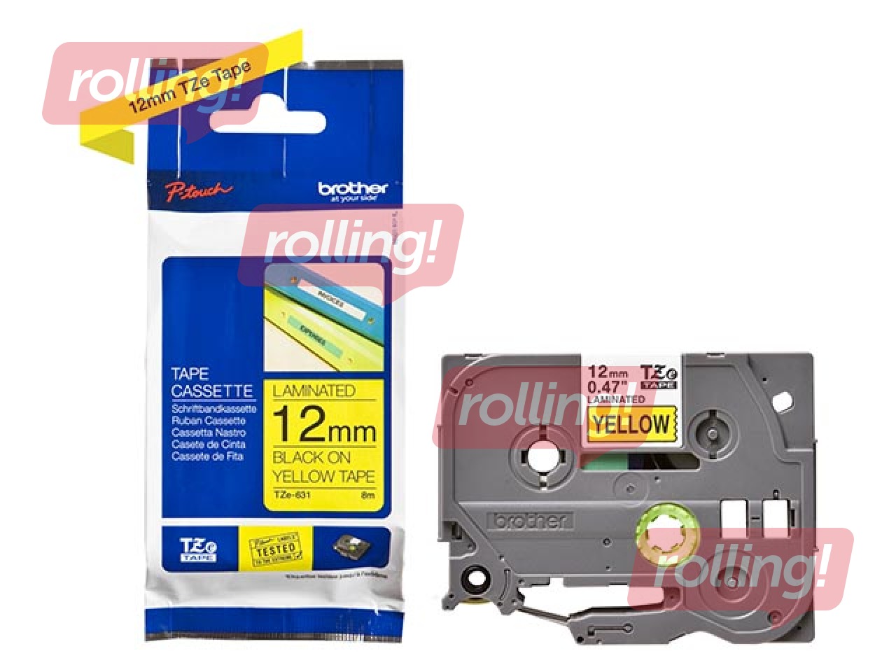 Brother TZe-631 Black printing on Yellow Tape, Laminated, 12mm width, 8m length
