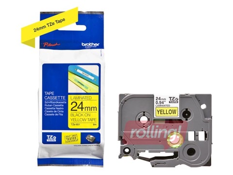 Brother TZe-651- Laminated Black printing on Yellow Tape, 24mm width, 8m length