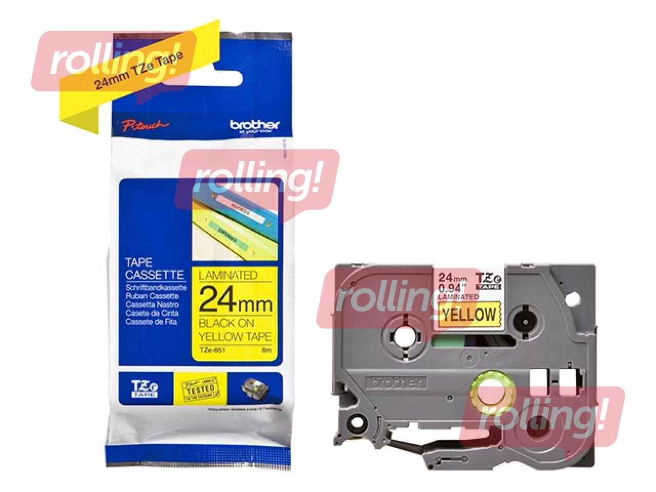 Brother TZe-651- Laminated Black printing on Yellow Tape, 24mm width, 8m length