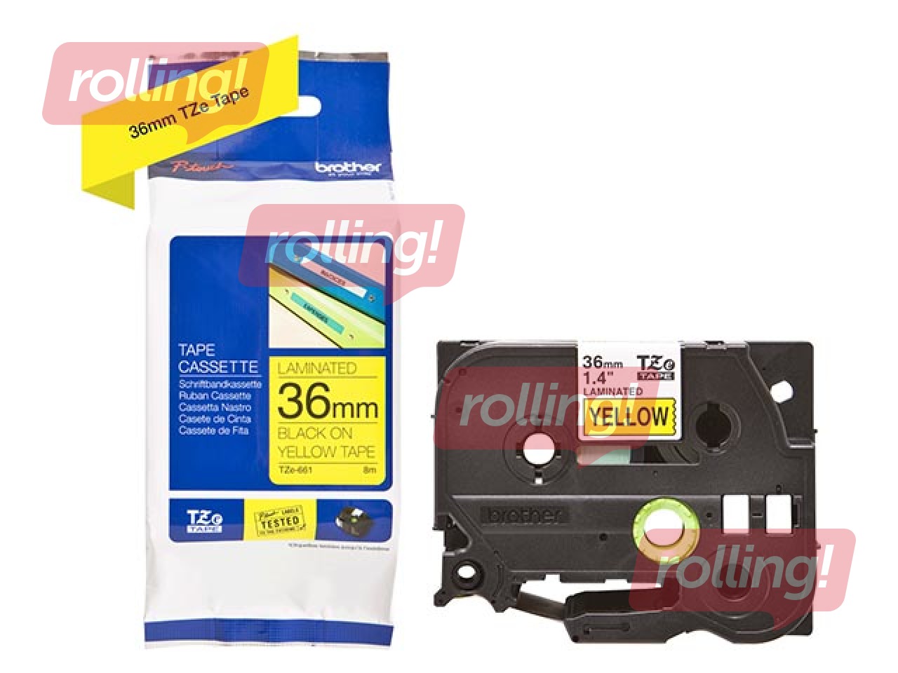 Brother TZe-661 - Black printing on Yellow Tape, laminated, 36mm width, 8m length