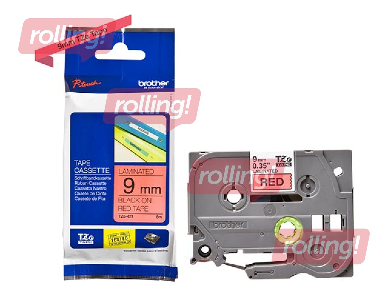 Brother TZe-421- Black printing on Red Tape, laminated, 9mm width, 8m length