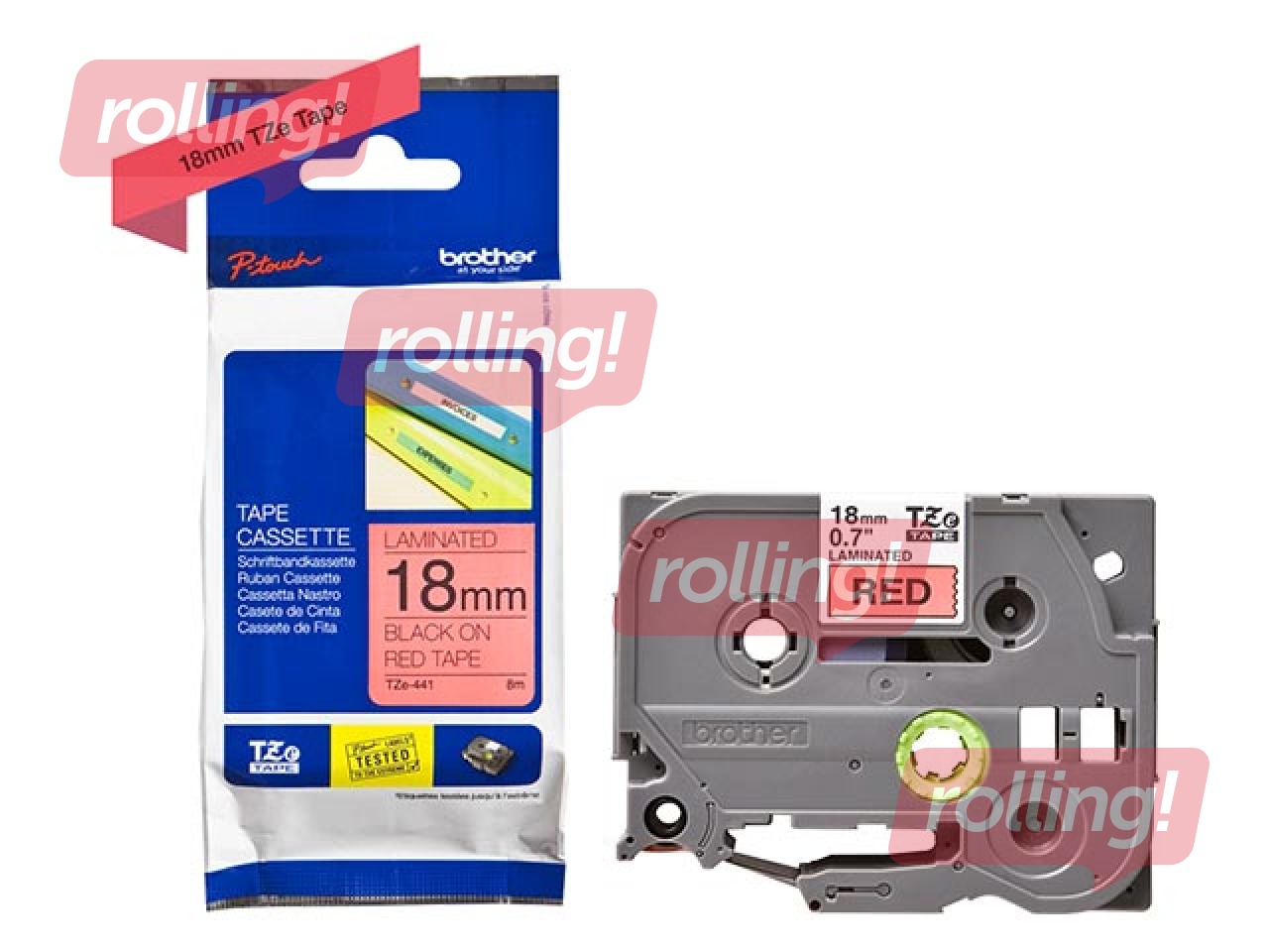 Ламинированная лента Brother TZe-441 шириной 18 мм x 8 м, Черный текст на красном фоне