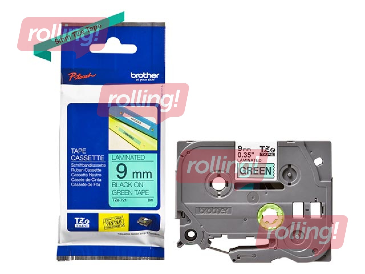 Lente Brother TZe-721, Melns uz zaļa, 9mm, 8 m, laminēta