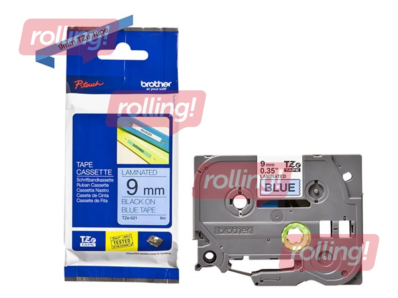 Lente Brother TZe-521, Melns uz zila, 9mm, 8 m, laminēta