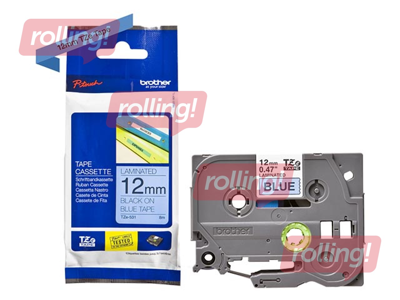 Lente Brother TZe-531, Melns uz zila, 12mm, 8 m, laminēta