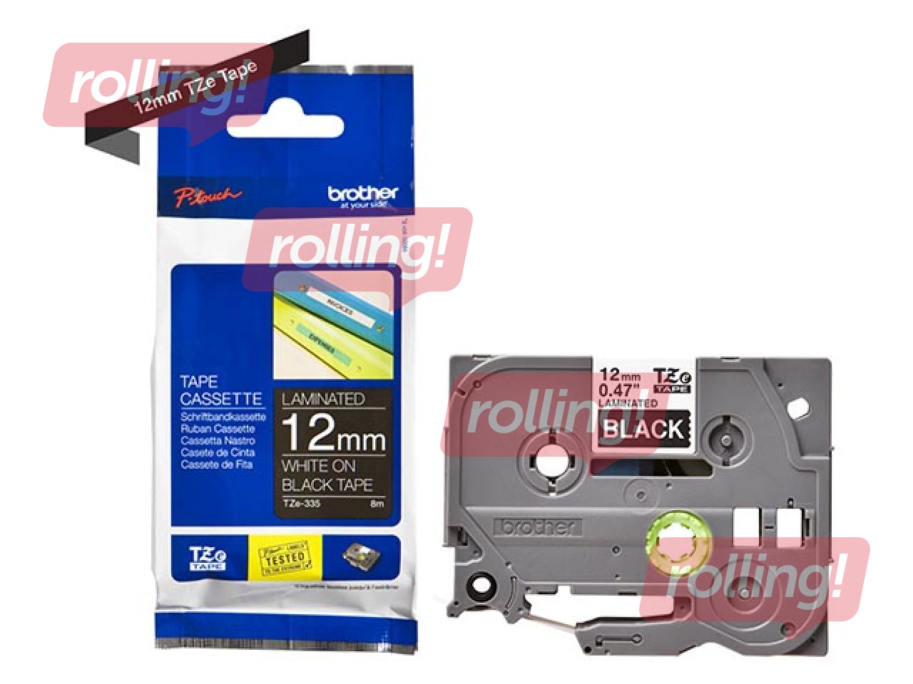 Ламинированная лента Brother TZe-335 шириной 12 мм x 8 м, Белый текст на черном фоне
