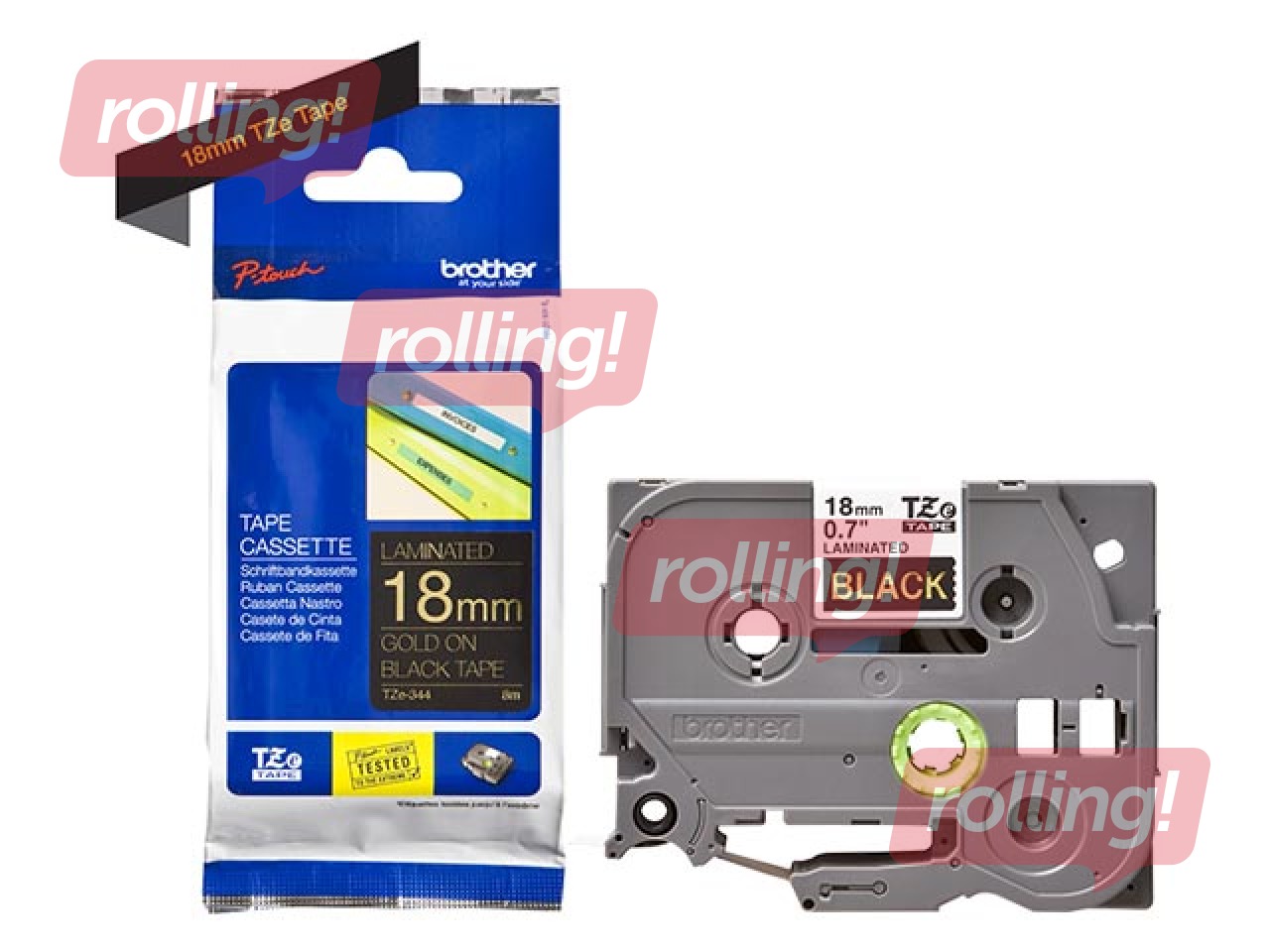 Lente Brother TZe-344, Zelta uz melna, 18mm, 8 m, laminēta