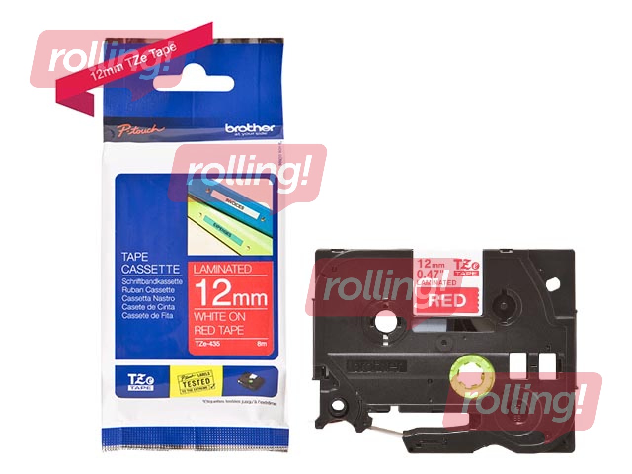 Lente Brother TZe-435, Balts uz sarkana, 12mm, 8 m, laminēta