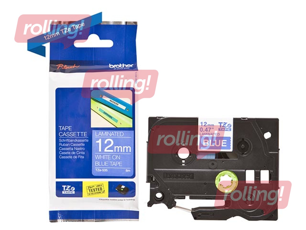 Lente Brother TZe-535, Balts uz zila, 12mm, 8 m, laminēta