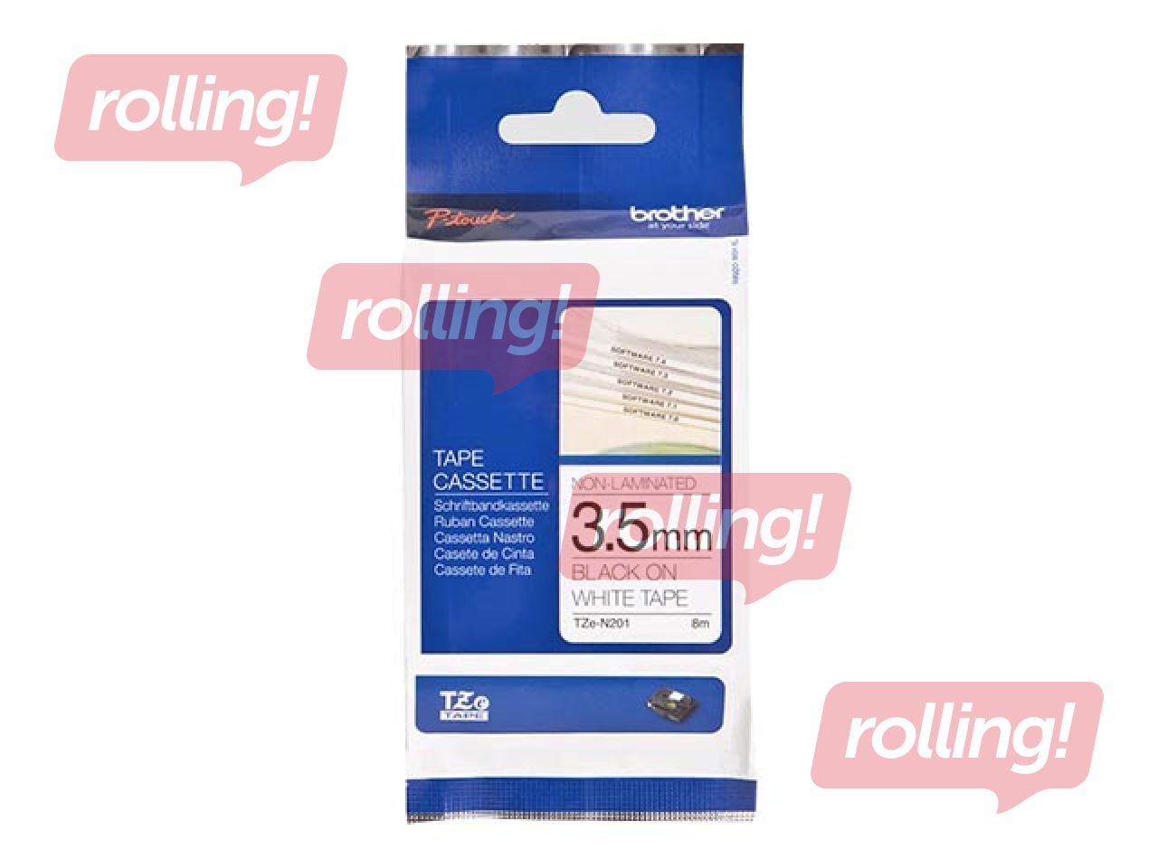 Uzlīmju lente Brother TZe-N201 melns uz balta, nelaminēta, 3.5mm x 8m
