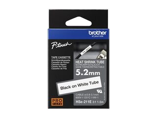 Brother HSe-211E Heat Shrink Tube Tape Cassette - Black on White, 5.2mm wide