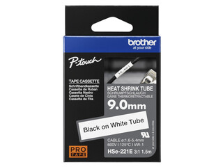 Brother HSe-221E Heat Shrink Tube Tape Cassette - Black on White, 9mm x 1.5m (1.6-5.4mm)