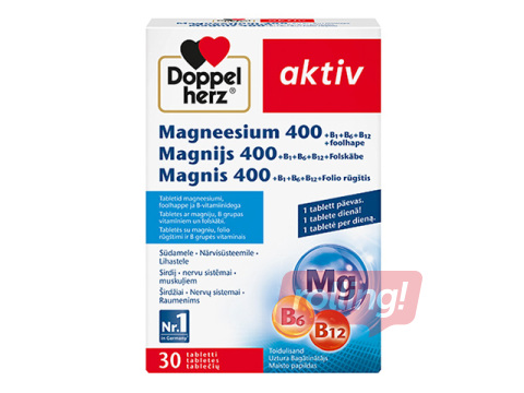 Uztura bagātinātājs Doppelherz Aktiv, Magnijs 400 + B1 + B6 + B12 + Folskābe, 30 kapsulas