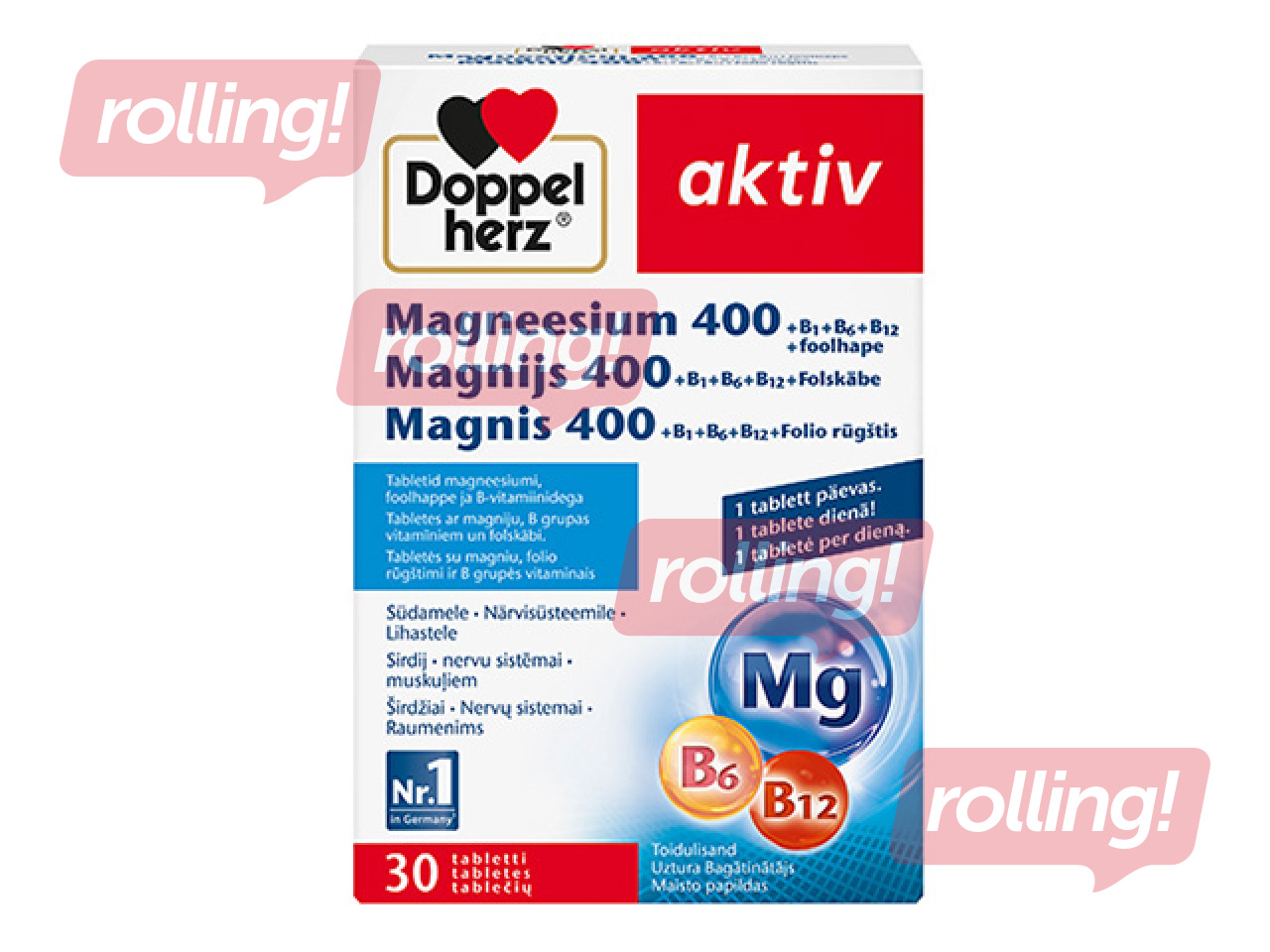 Uztura bagātinātājs Doppelherz Aktiv, Magnijs 400 + B1 + B6 + B12 + Folskābe, 30 kapsulas