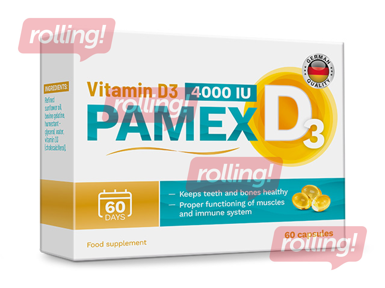 Uztura bagātinātājs Pamex, D3 vitamīns, 4000IU, 60 kapsulas