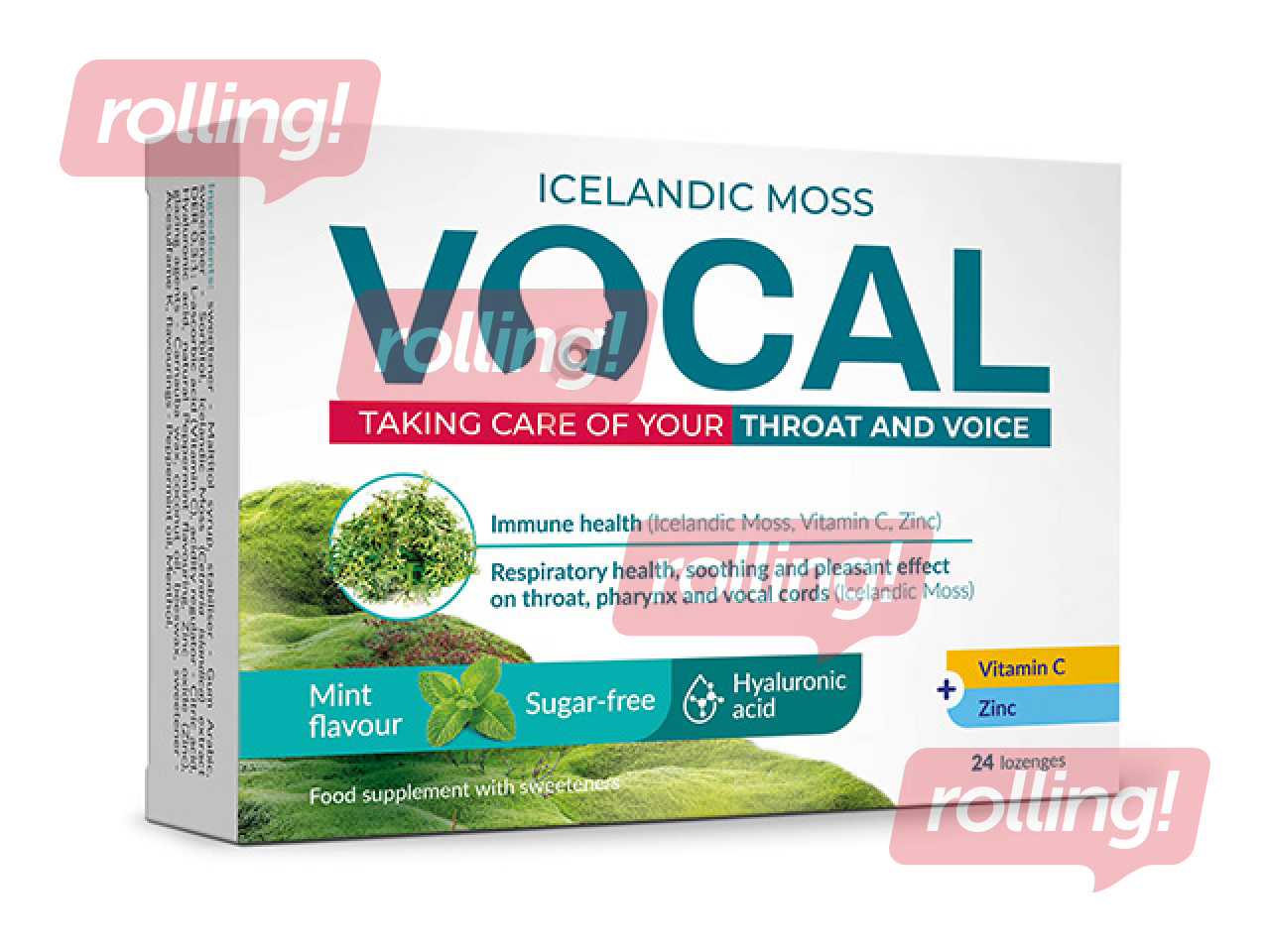 Uztura bagātinātājs Vocal, sūkājamās pastilas ar piparmētru garšu un hialuronskābi, 24 pastilas