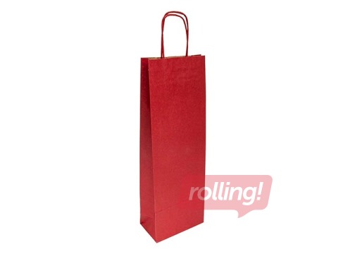 Paper bag with a braided handle for bottles, 140x80x400mm, kraft paper, burgundy