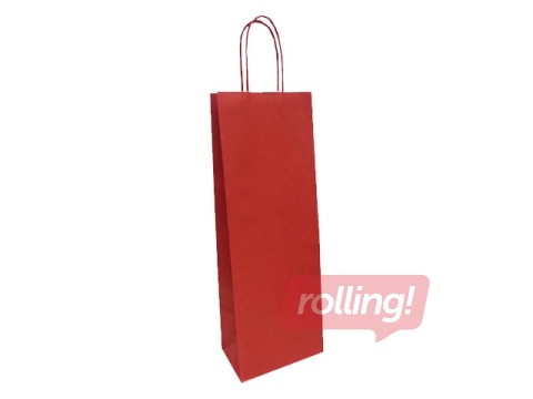 Papīra maisiņš ar pītu rokturi pudelēm 140x80x390mm, kraftpapīra, sarkans