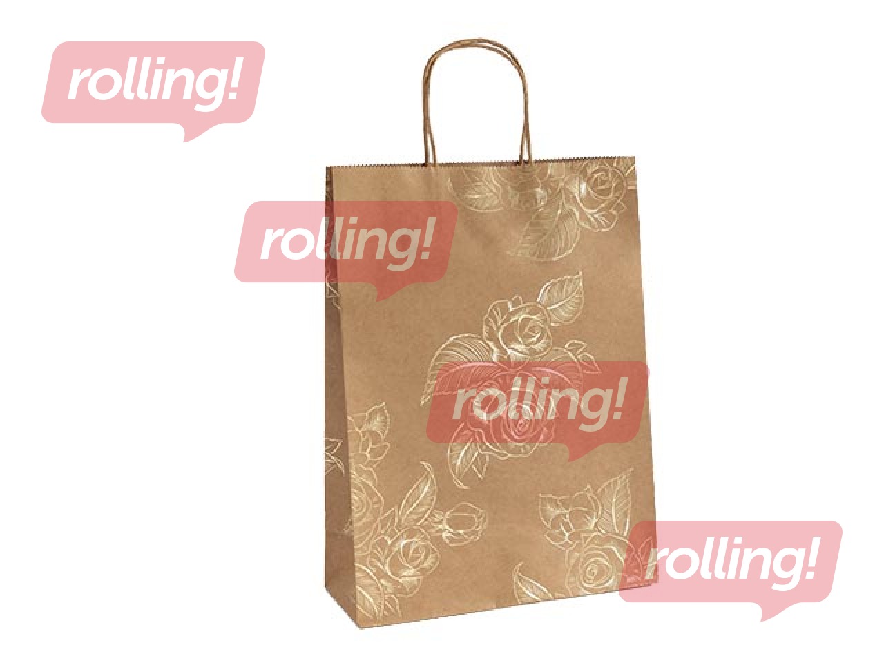 Papīra maisiņš ar rokturiem, 240x100x330mm, brūns ar zelta ziediem, 5 gab
