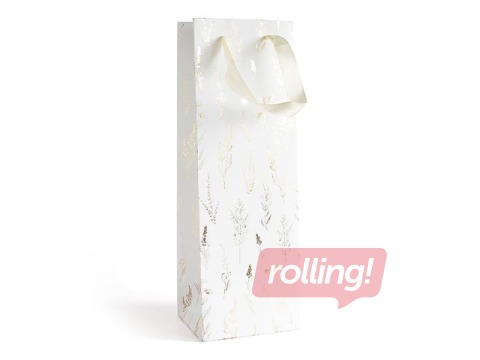 Papīra maisiņš ar rokturiem pudelei, 120x100x350mm, balts ar zelta motīvu, 5 gab.