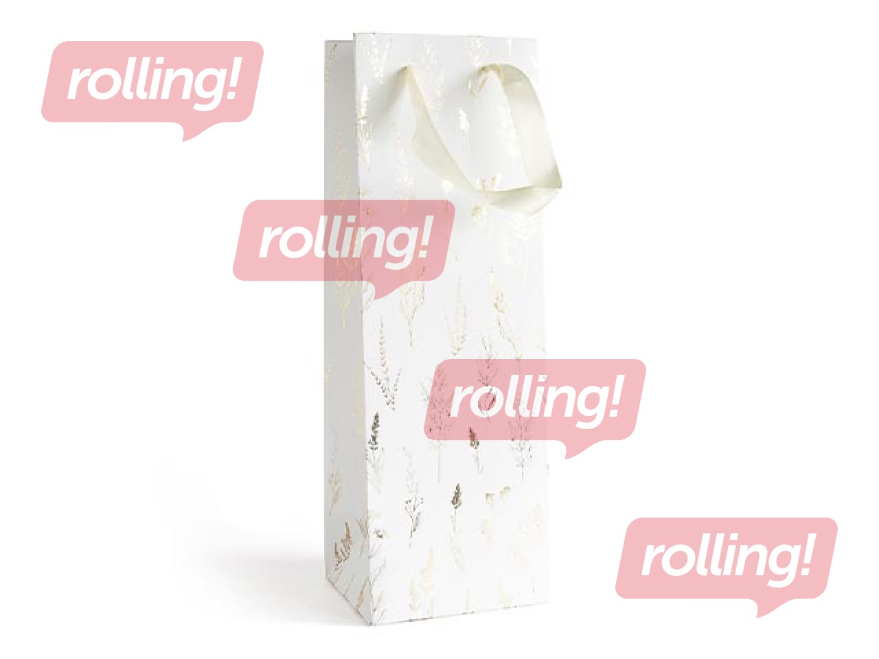 Papīra maisiņš ar rokturiem pudelei, 120x100x350mm, balts ar zelta motīvu, 5 gab.