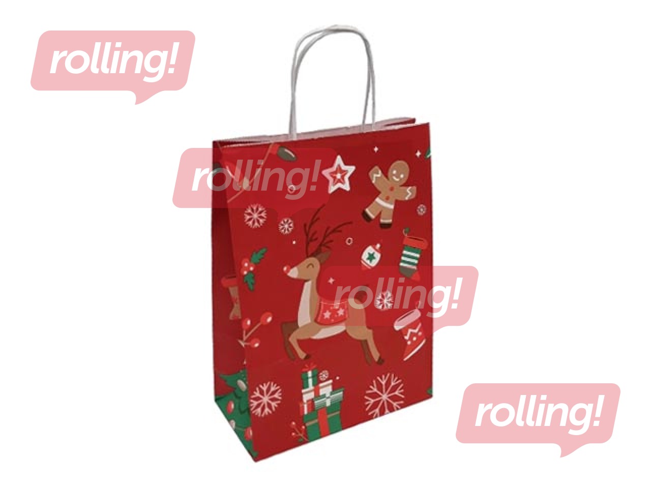 Ziemassvētku dāvanu maisiņš ar rokturiem, kraftpapīra, sarkans, 220x100x310mm