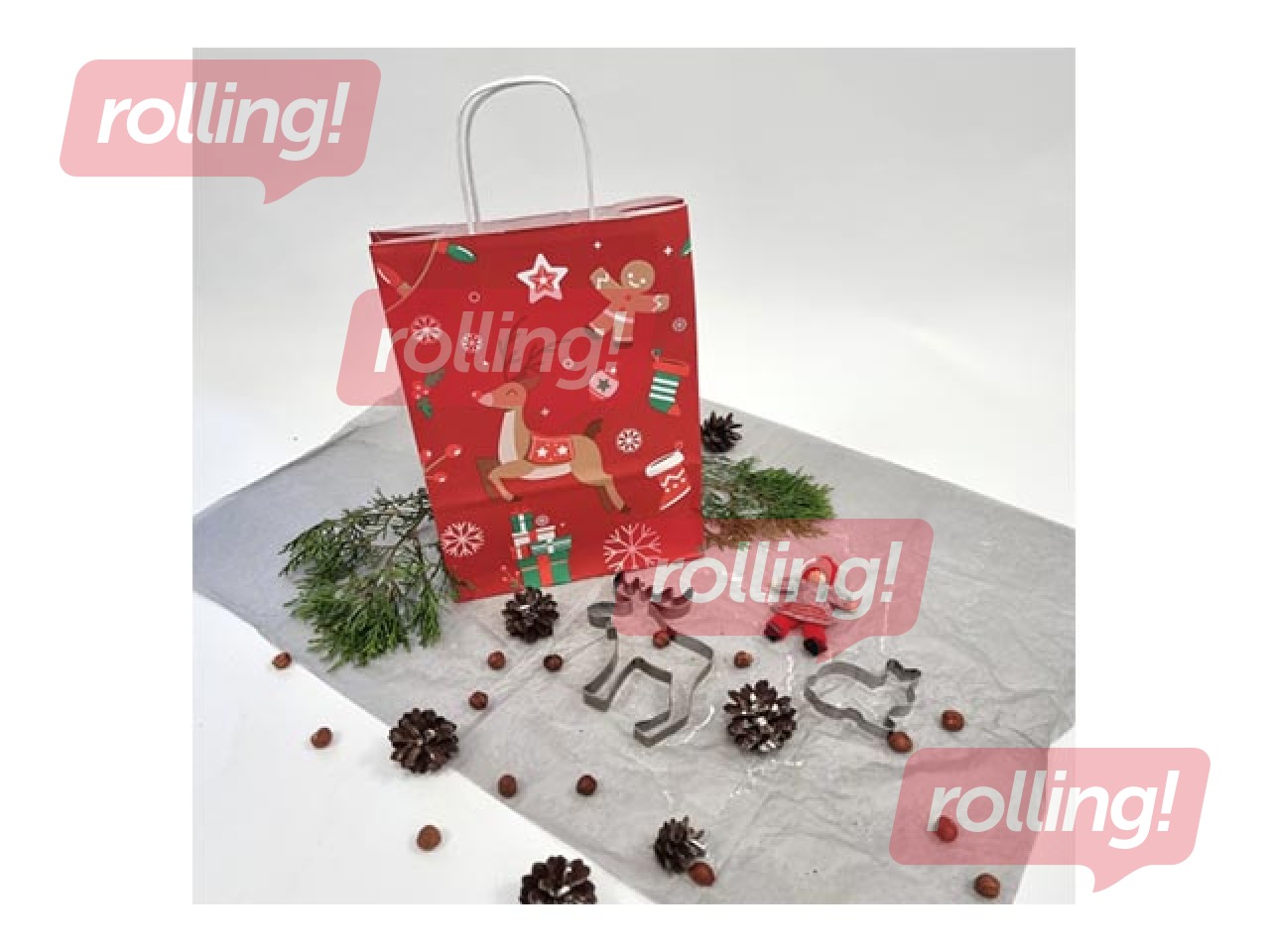 Ziemassvētku dāvanu maisiņš ar rokturiem, kraftpapīra, sarkans, 220x100x310mm