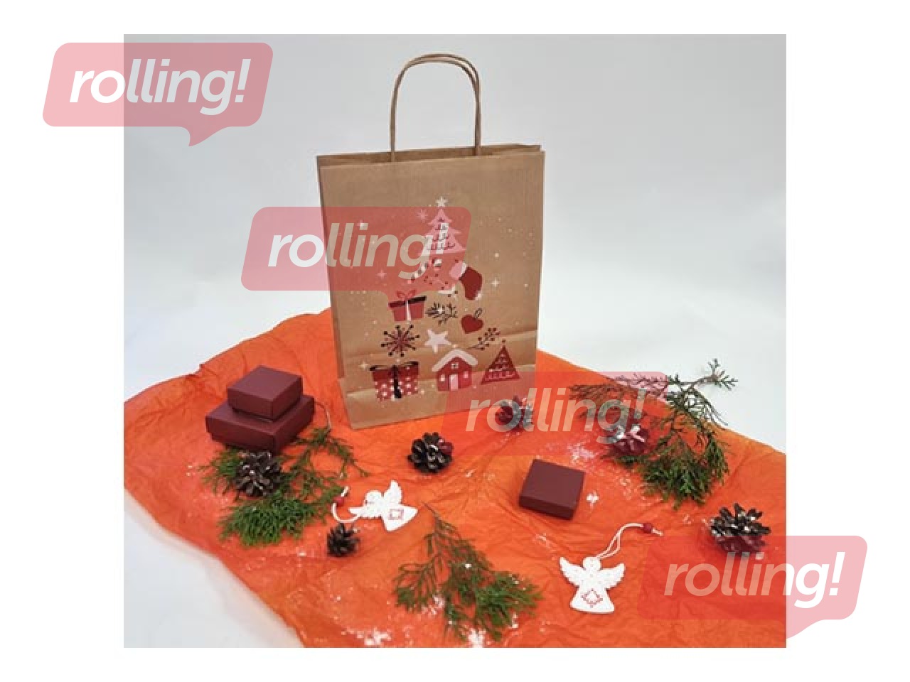 Ziemassvētku dāvanu maisiņš ar rokturiem, kraftpapīra, brūns, 220x100x310mm