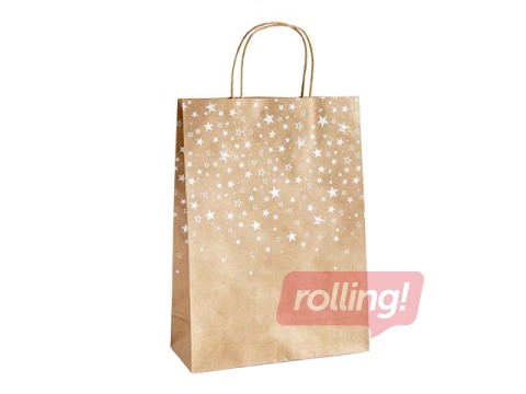 Paper bag with handles, brown with golden stars, 240x100x330mm, 5 pcs.