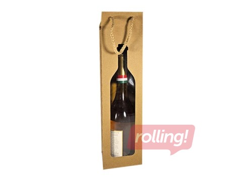 Paper gift bag for bottles with window, brown, 90x85x370mm