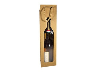 Paper gift bag for bottles with window, brown, 90x85x370mm