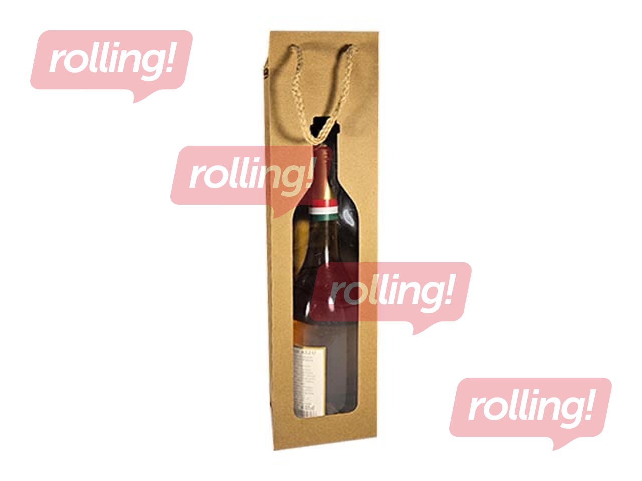 Paper gift bag for bottles with window, brown, 90x85x370mm