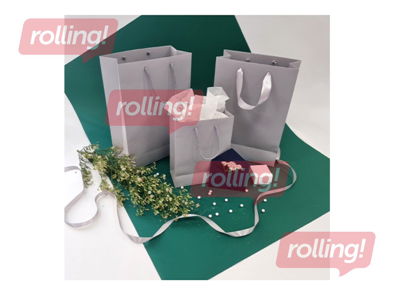 Papīra maisiņš ar rokturiem, gaiši pelēks, 230x100x330mm