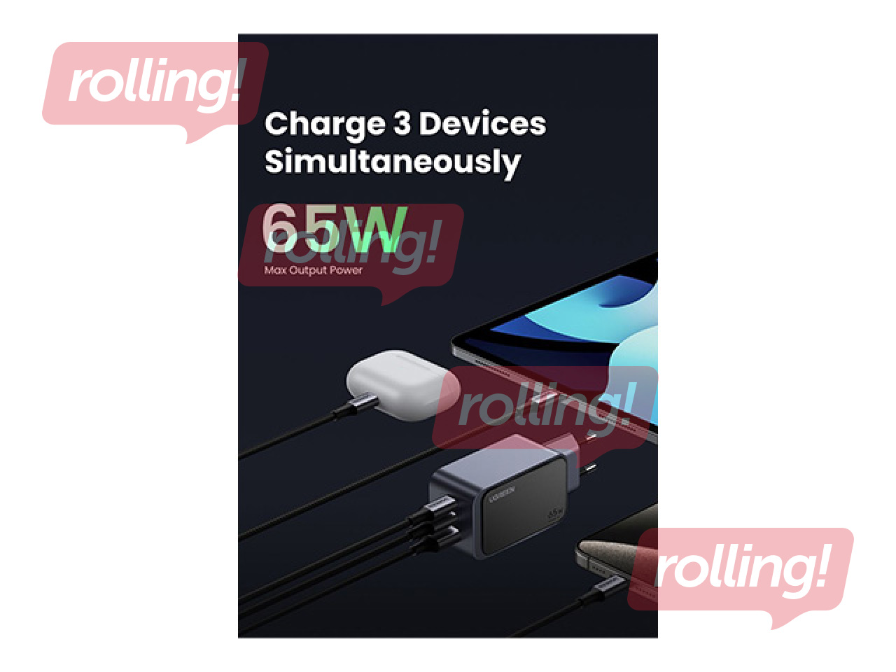 Laadija Ugreen, Nexode S GaN, 65W, USB-A + 2xUSB-C, hall