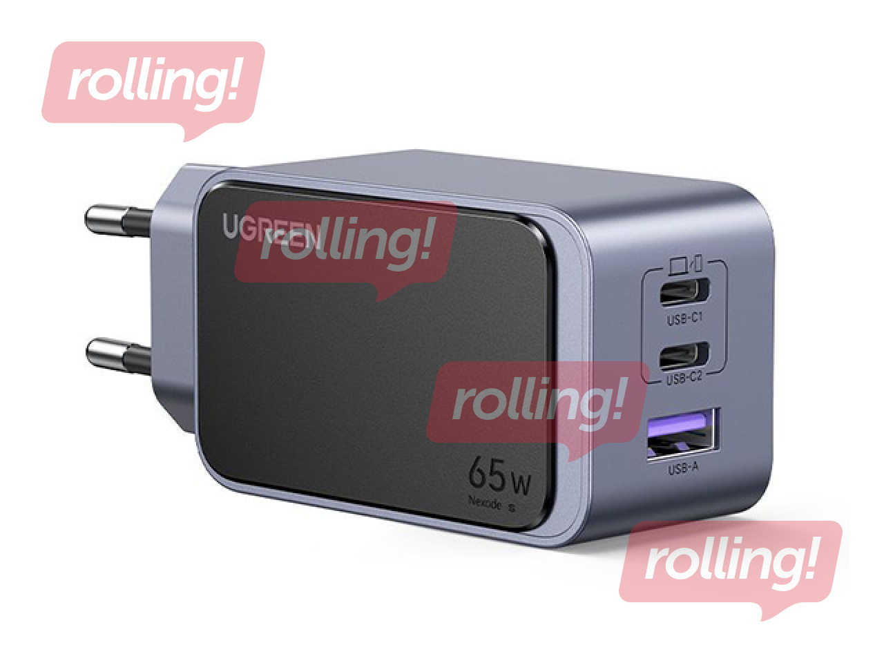 Lādētājs Ugreen, Nexode S GaN, 65W, USB-A + 2xUSB-C, pelēks