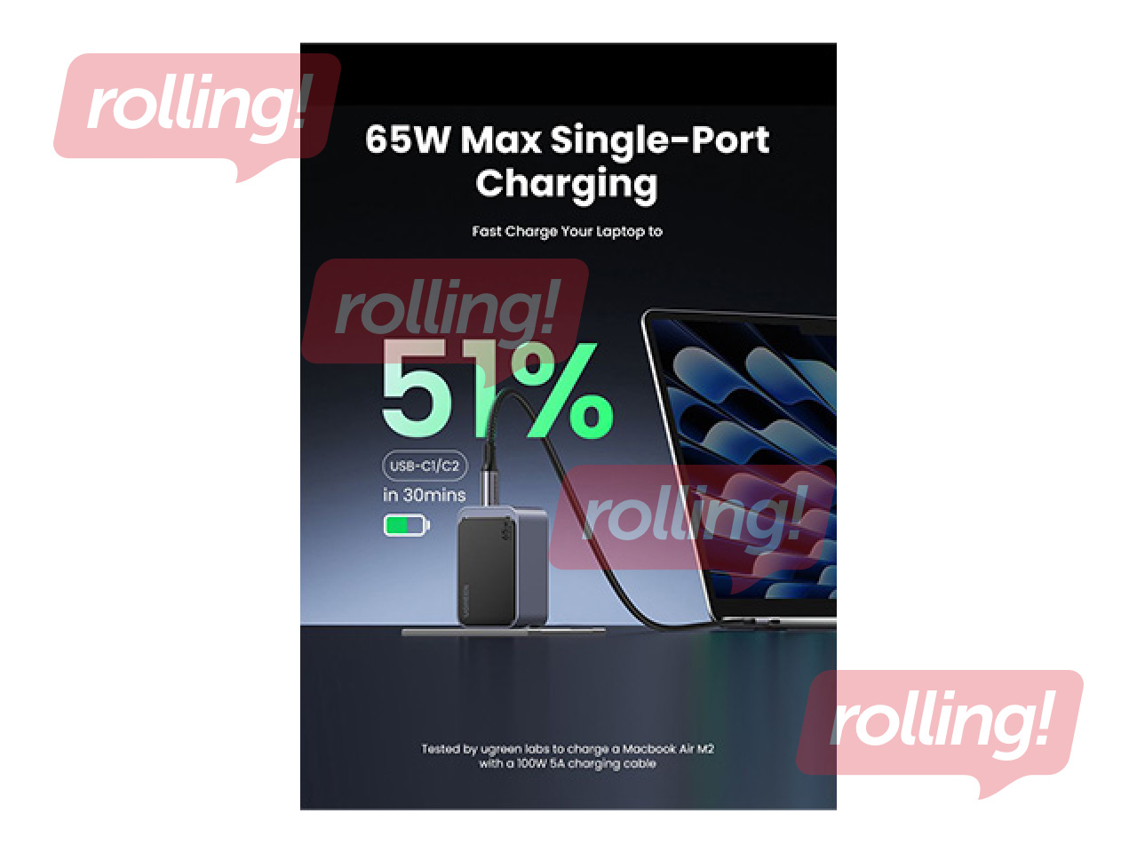 Lādētājs Ugreen, Nexode S GaN, 65W, USB-A + 2xUSB-C, pelēks