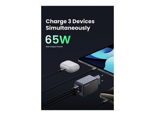 Lādētājs Ugreen, Nexode S GaN, 65W, USB-A + 2xUSB-C, pelēks