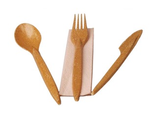 Cutlery set (fork, knife, spoon and napkin), wood fiber
