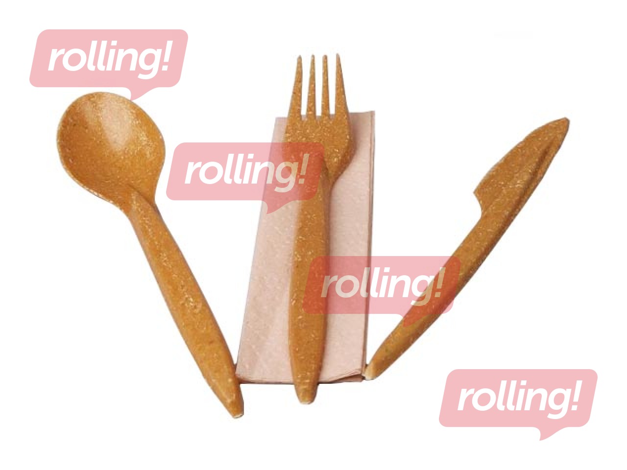 Galda piederumu komplekts (dakša, nazis, ēdamkarote un salvete), kokšķiedra