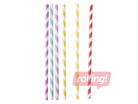 Kokteiļu salmiņi ar svītrām, papīra, 19.7 cm ø6 mm, 100 gab., krāsaini