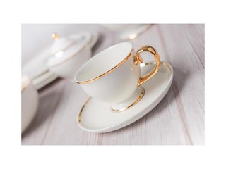 Porcelāna tase uz kājas ar apakštasi, PRIMA GOLD, balta ar zelta maliņu, 280ml, 16cm