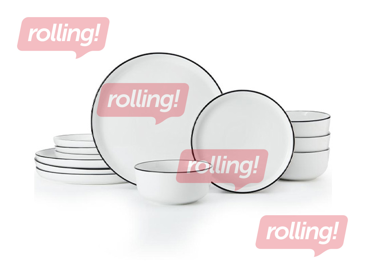 Pusdienu servīze Mikasa Limestone, porcelāns, balta ar melnu malu, 4 personām