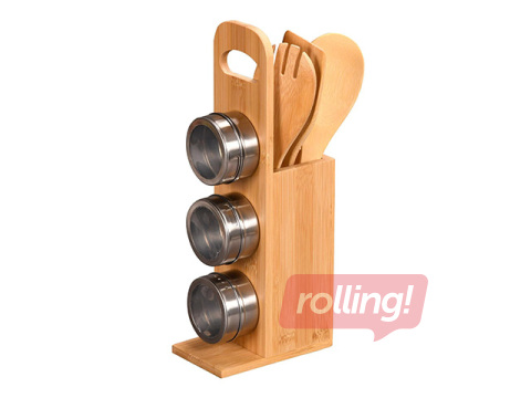 Подставка Kesper, с контейнерами для специй и кухонными принадлежностями, бамбук, 8x13x31.5см