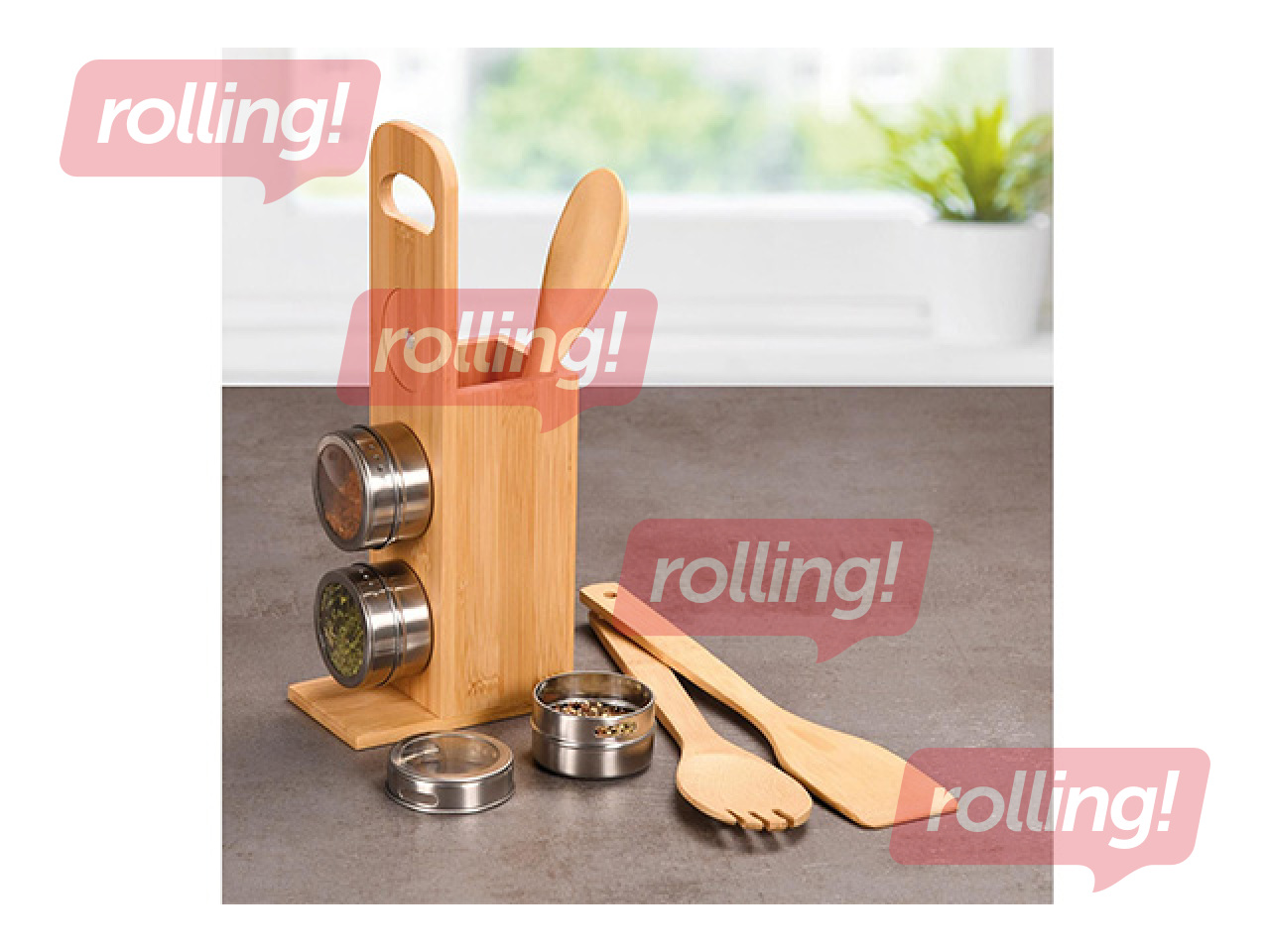 Подставка Kesper, с контейнерами для специй и кухонными принадлежностями, бамбук, 8x13x31.5см