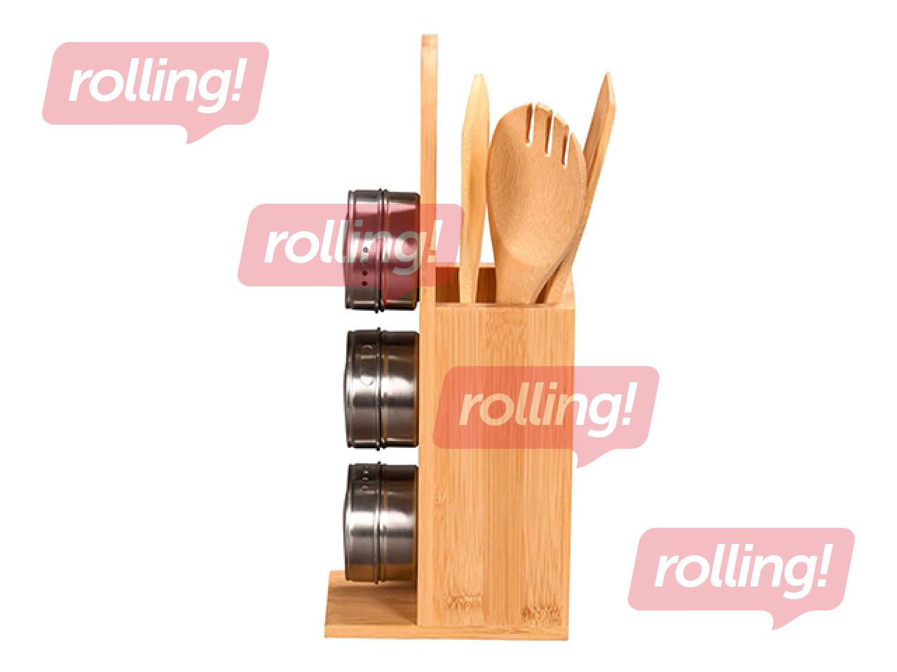 Statīvs Kesper, ar garšvielu traukiem un virtuves piederumiem, bambusa, 8x13x31.5cm