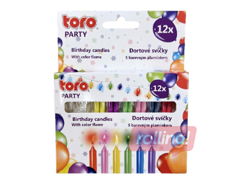 Jubilejas svecītes Toro Party, ar turētāju, deg ar krāsainu liesmu, dažādas krāsas, 6cm, 12 gab.